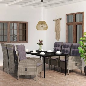 7 pcs conjunto de jantar p/ jardim c/ almofadões cinza e preto