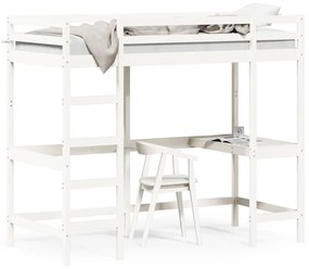 vidaXL Cama alta c/ secretária 100x200 cm pinho maciço branco