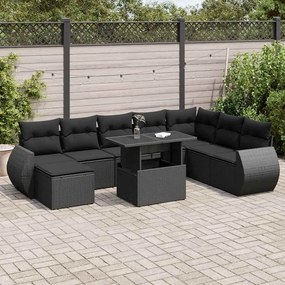 9 pcs conjunto de sofás p/ jardim c/ almofadões vime PE preto