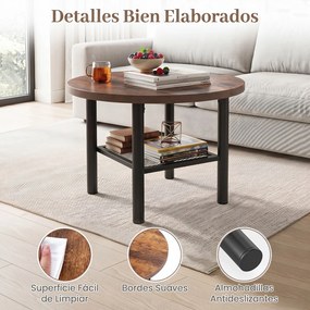 Mesa de Centro Redonda, 60 x 60 x 42 cm, Arrumação em 2 Níveis, Castanho+Preto