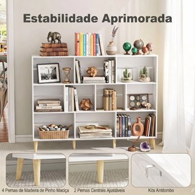 Estante para Livros com 10 Compartimentos e Pés em Madeira Maciça, 140x24x107 cm, Branco