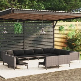 vidaXL 12 pcs conj. lounge jardim c/ almofadões vime PE cinza-escuro