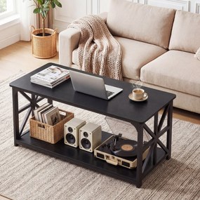 Mesa de centro de estilo industrial 109 x 50 x 48 cm, 2 níveis, prateleira aberta, estrutura metálica, para sala de estar, preta
