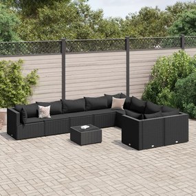 10 pcs conjunto sofás de jardim c/ almofadões vime PE preto