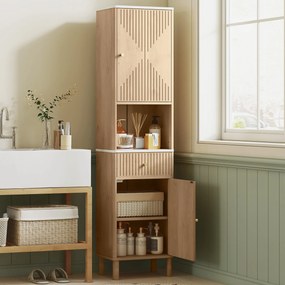 Coluna de casa de banho 41,5 x 30 x 168 cm, móvel de arrumação em coluna com gaveta deslizante silenciosa, 2 portas, cor carvalho