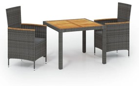 vidaXL Conjunto jantar p/ exterior com almofadões 3 pcs vime cinzento
