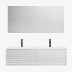 Conjunto De Móvel De Casa De Banho Suspenso Em Madeira Com Lavatórios Integrados Noura Branco & Retangular Led E Anti-embaciamento 160x75 Cm - Sklum