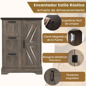 Aparador estilo de fazenda 60 x 30 x 80 cm com porta de celeiro e 3 gavetas de armazenamento Café