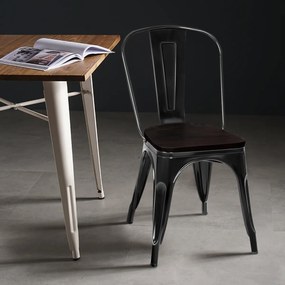 Conjunto 4 cadeiras empilháveis de metal com encosto e assento de madeira para casa cozinha bar 52 x 42 x 84 cm pretas