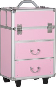 Mala de Maquilhagem Professional com Rodas 6 Gavetas Extensíveis Fechadura 2 Chaves e Alça Retrátil 36x23x58 cm Rosa