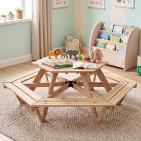Mesa de Piquenique Infantil Hexagonal com Guarda-Sol, 162 x 141 x 53 cm, 6 Bancos Integrados, Natural