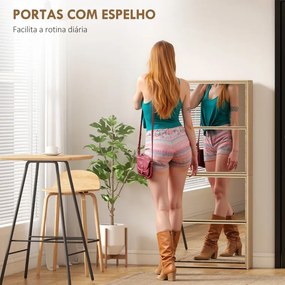 Sapateira Estreita com Espelho 4 Portas Abatíveis para 12 Pares de Sapatos para Espaços Reduzidos 63x17x146 cm Madeira