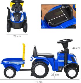 Trator andarilho para Crianças de 12-36 Meses com Reboque Removível Carro Andador com Buzina Farol Pá e Ancinho Carga 25kg 91x29x44cm Azul