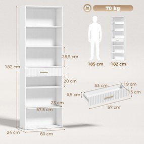 Estante para Livros Alta e Estreita, Estante de 7 Níveis com Gaveta, 6 Compartimentos Abertos, 60x24x182 cm, Branco
