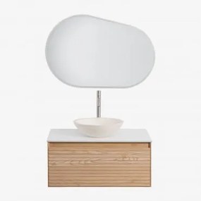 Conjunto De Móvel De Casa De Banho Em Madeira De Freixo Tedrik Castanho Fresno & Cimento Redondo Branco Ø40 Cm Zavion & Oval Led - Sklum