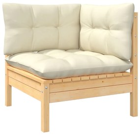 vidaXL Sofá de canto p/ jardim c/ almofadões pinho maciço cor creme