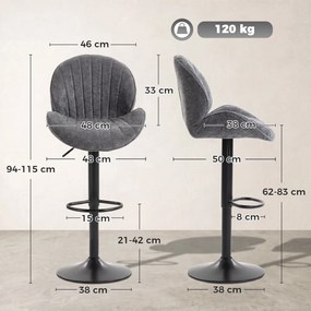 Conjunto de 2 Bancos de Bar, 50 x 48 x 115 cm, Altura Regulável, Cinzento