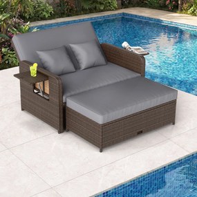 Cama de jardim ou conjunto de sofá de rattan para jardim, 2 peças, com pufe com espaço de arrumação, encosto ajustável e mesas dobráveis, cinzento