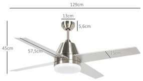 Ventoinha de Teto com Luz 46W Ø129 cm com 4 Lâminas Reversíveis Controlo Remoto 6 Velocidades e Temporizador Prata