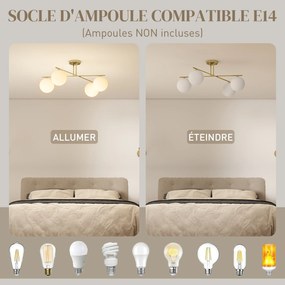 Candeeiro de teto moderno com 4 luzes, com casquilho E14, montagem semi-embutida, dourado e creme