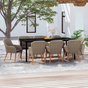 9 pcs conjunto de jantar para jardim com almofadões castanho