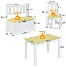 Conjunto de mesa e cadeiras para crianças 4 peças de actividades de madeira 2 em 1 com 2 cadeiras e 1 banco para brincar desenhar ler comer Natural