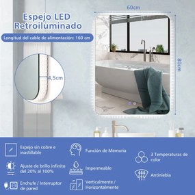 Espelho de Casa de Banho com luzes LED antiembaçantes, 80 x 60 cm, espelho de parede, função memória, 3 temperaturas de cor, espelho vertical e horizo