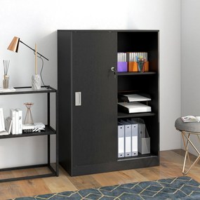 Armário de escritório com 2 portas de correr com fechadura, 80 x 40 x 120 cm, 2 prateleiras, painéis de aglomerado preto