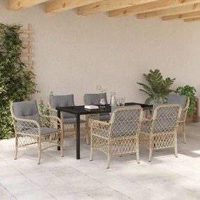 Conjunto de Jantar de Jardim com 7 Peças e Almofadas Beiges em Rattan