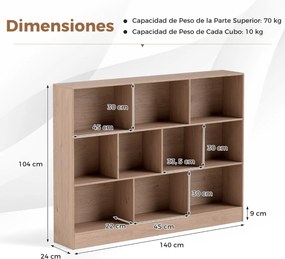 Estante de 10 cubos com 3 níveis Organizador de arrumação Estante anti-queda 140 cm para sala de estar Quarto Natural