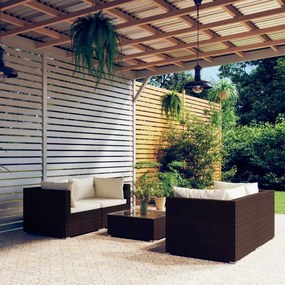 vidaXL 5 pcs conjunto lounge jardim c/ almofadões vime PE castanho