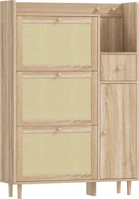 HOMCOM Móvel Sapateira com 3 Gavetas com Frente em Vime para 12 Pares de Sapatos Prateleiras Ajustáveis 80x23x120 cm Carvalho | Aosom Portugal