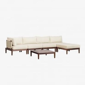 Conjunto De Jardim Com Sofá Modular De Canto De 4 Peças, Mesa De Centro E Puff Em Acácia Giulia Crema - Sklum