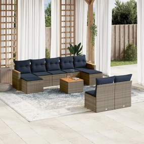 vidaXL 10 pcs conjunto sofás p/ jardim c/ almofadões vime PE cinzento
