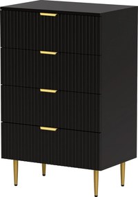 Cómoda de 4 gavetas 60 x 40 x 96 cm, móvel de arrumação moderno para quarto com puxadores e pés dourados, preto