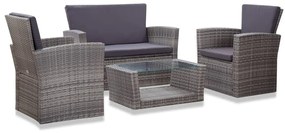 4 pcs conjunto lounge de jardim c/ almofadões vime PE cinzento