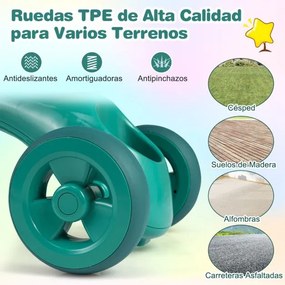 Triciclo para crianças com direção limitada, assento ergonómico, cestos dianteiro e traseiro e campainha para 3-5 anos, verde