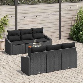 vidaXL Conjunto de sofá para jardim de 7 peças com almofadas pretas de rattan de polietileno e acácia