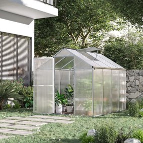 Estufa de jardim em alumínio e policarbonato, 4,6 m², dimensões: 2,42 m (L) x 1,9 m (P) x 1,95 m (A), claraboia, porta com fecho cinzento, transparent