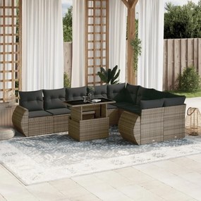 10 pcs conjunto sofás de jardim c/ almofadões vime PE cinzento