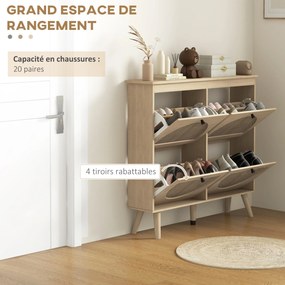 Sapateira com 4 portas basculantes, capacidade para 20 pares, prateleira ajustável, estilo boémio, pés em madeira maciça, 105 x 24 x 97,5 cm, acabamen
