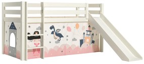 Cama alta de Criança PINO 90 x 200 cm + estrado + escada + escorrega + cortina Princesa Branca