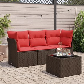 vidaXL 4 pcs conjunto sofás de jardim c/ almofadões vime PE castanho