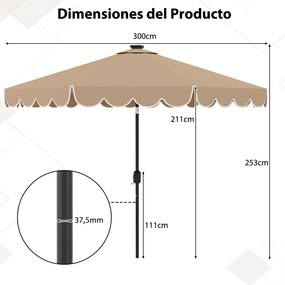 Guarda-sol de pátio de 300 cm com 24 luzes LED, parte superior ventilada, folhos e ajuste de inclinação, café