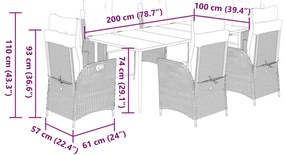 7 pcs conjunto de jantar p/ jardim c/ almofadões vime PE preto
