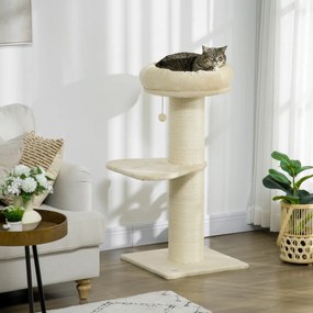 Arranhador para gatos com arranhador de sisal natural, 2 plataformas, cesto de observação, brinquedo com bola suspensa e peluche bege