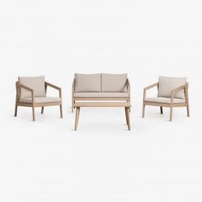 Conjunto De Jardim Com Sofá De 2 Lugares, 2 Poltronas E Mesa De Centro Em Madeira De Acácia E Corda Trançada Kaela Marrom Acácia Claro & Tecido Castan