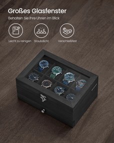 Caixa para relógios com 8 compartimentos e tampa de vidro 19 x 27 x 12,5 cm, na cor Preto
