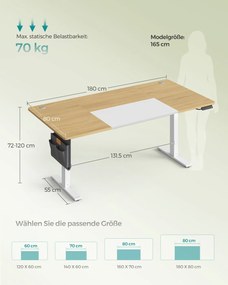 Secretária elétrica com regulação elétrica da altura, 180 x 80 x (72-120) cm cor Carvalho natural - Branco