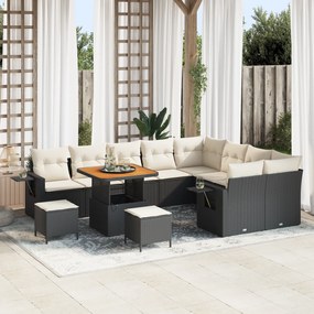 Conjunto de Sofá para Jardim vidaXL com 12 Peças e Almofadas Pretas Rattan Poliéster Acácia